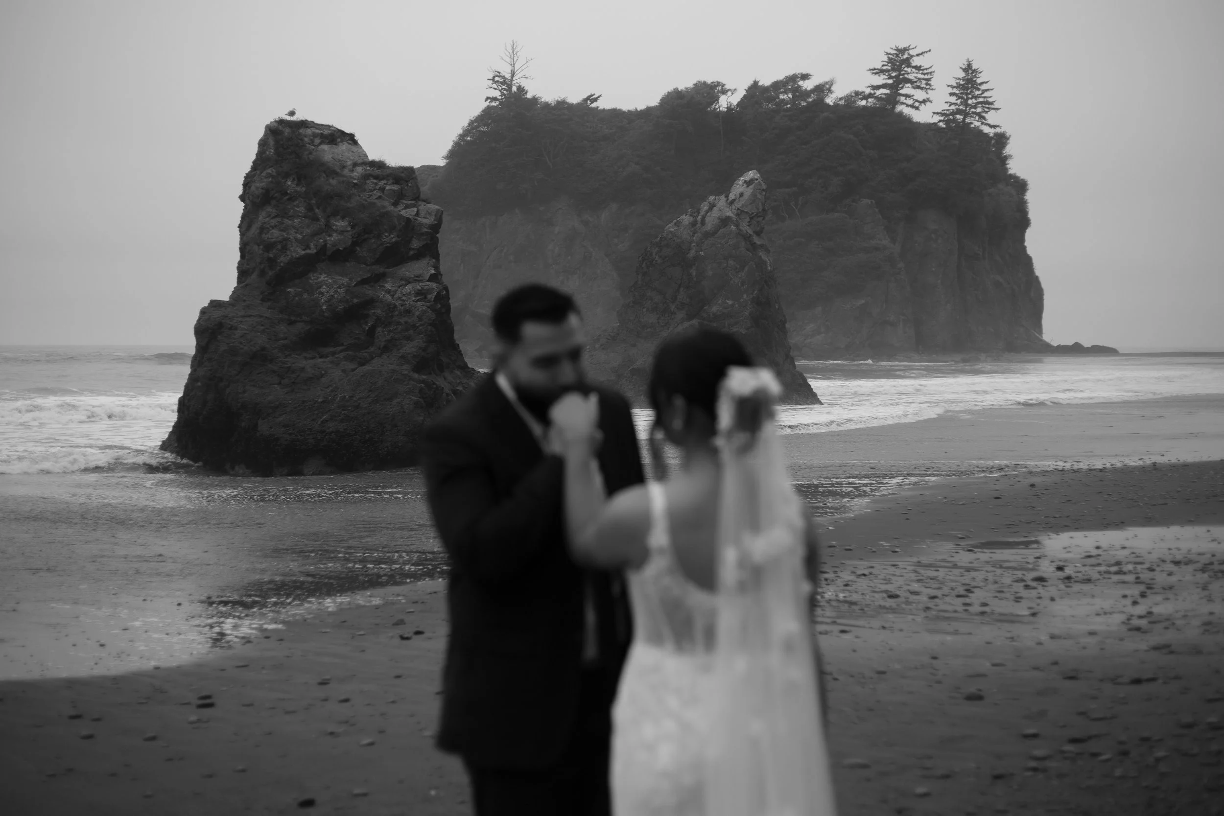 Black and white photo of a beach scene with large rock formations and trees on cliffs in the background, with a bride and groom in the foreground, slightly out of focus.