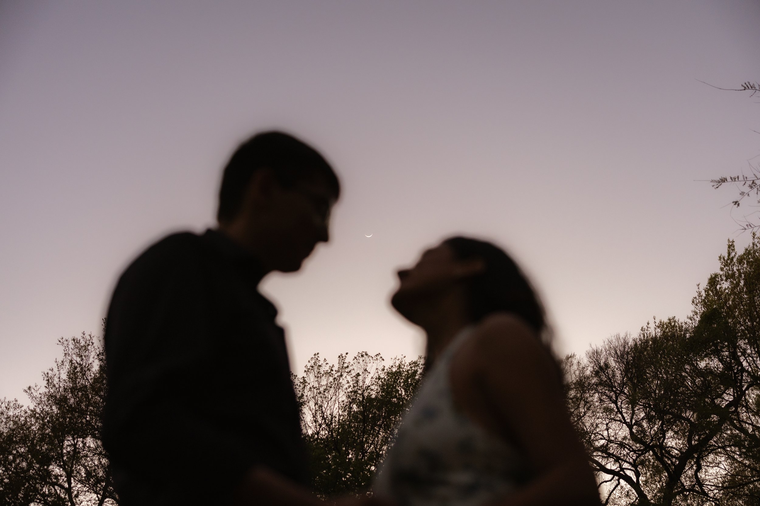 A silhouette of three people standing outdoors during dusk with trees and a crescent moon in the sky.