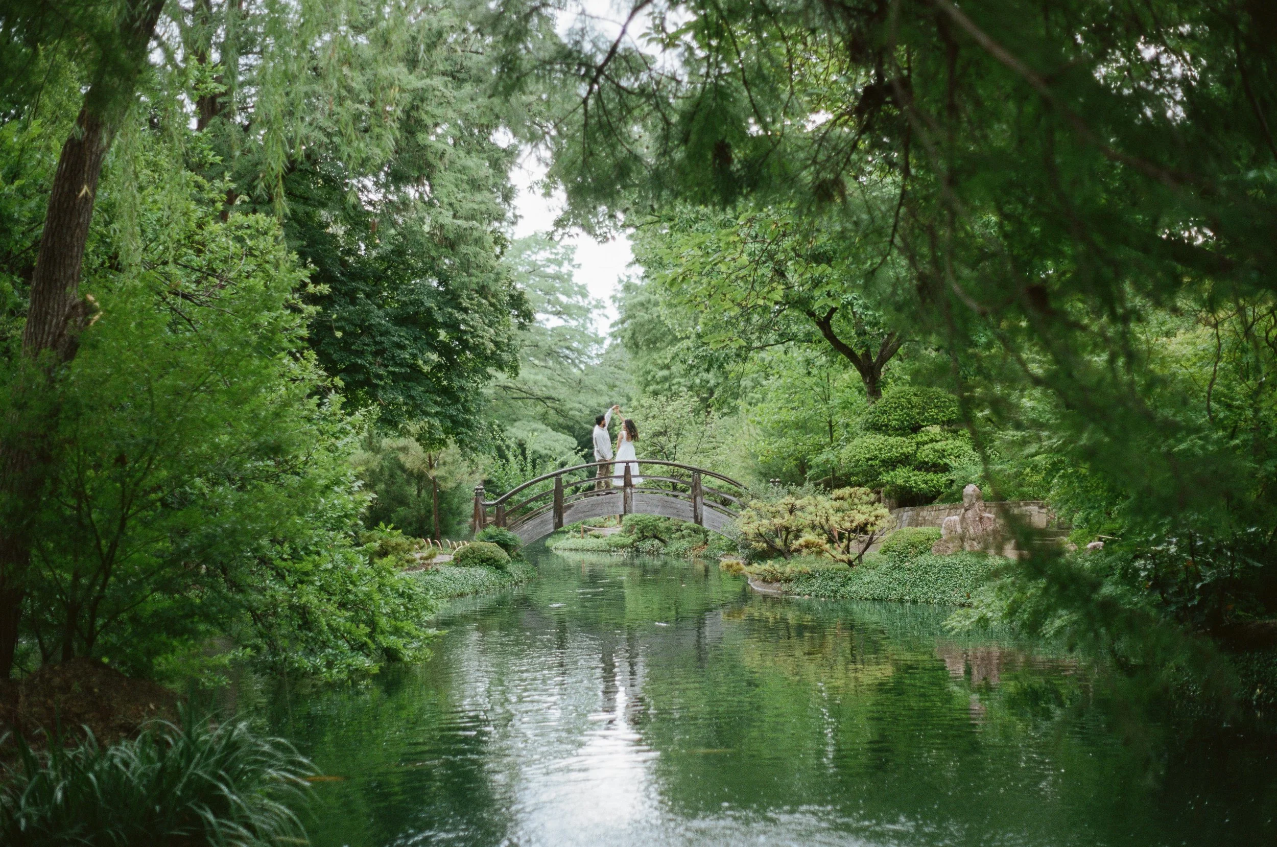 A couple standing on a wooden bridge over a pond in a lush green garden, surrounded by tall trees and dense foliage.
