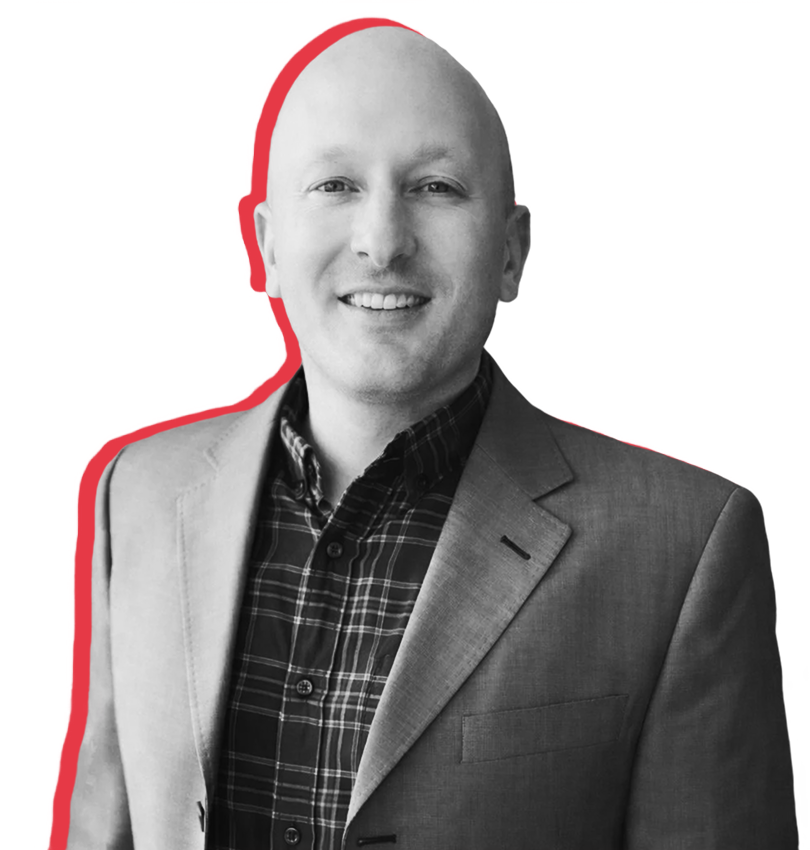 Black and white portrait of a consulting founder with red outline accent, representing AI advisory leadership