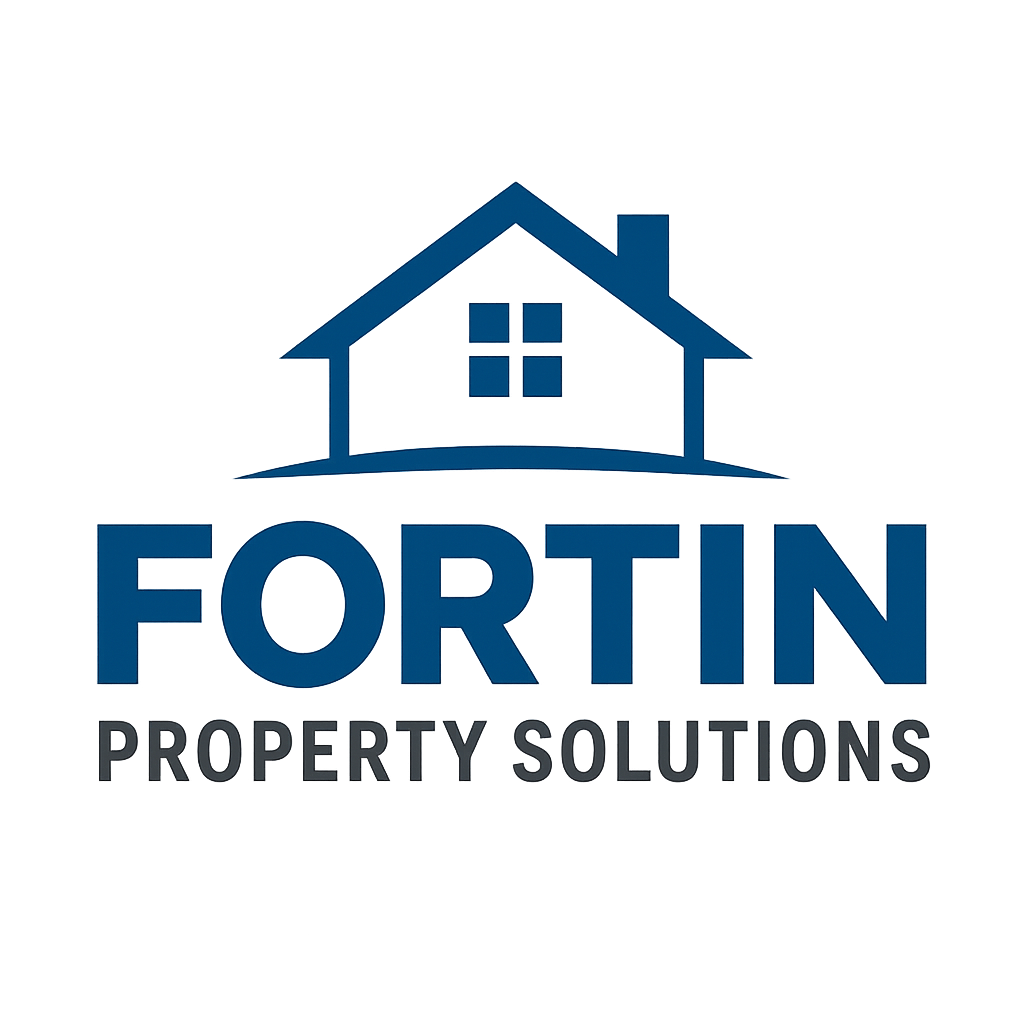 Logo for Fortin Property Solutions featuring a blue house icon with four windows and the company name in bold blue letters, with 'PROPERTY SOLUTIONS' underneath in smaller black text.