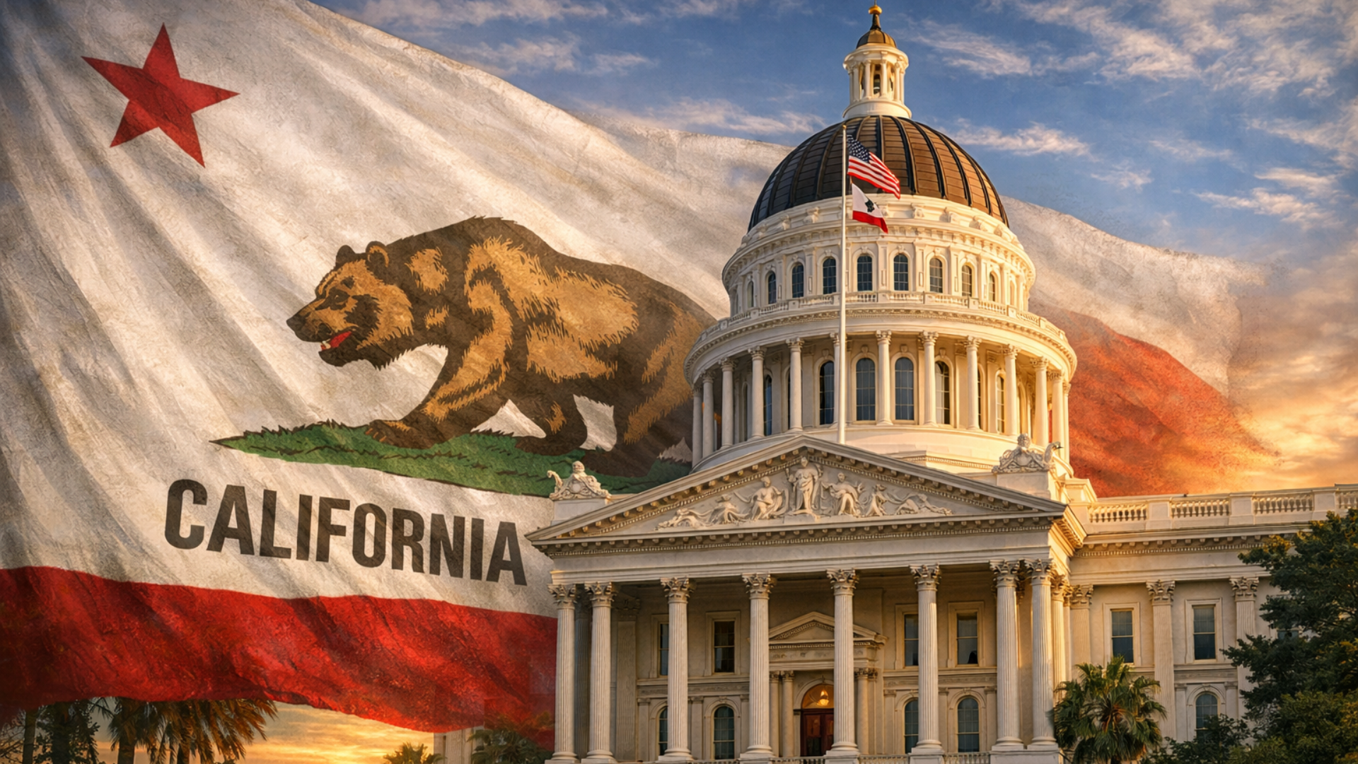 The California state flag waving in front of the California State Capitol building at sunset.