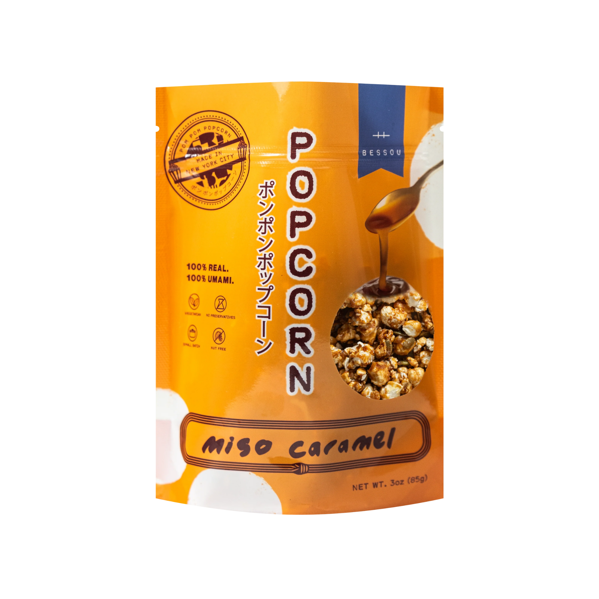 BESSOU Pom Pom Popcorn Miso Caramel, 3 oz