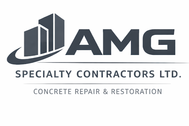 Logo for AMG Specialty Contractors Ltd., a concrete repair and restoration company, featuring stylized buildings and the company name.