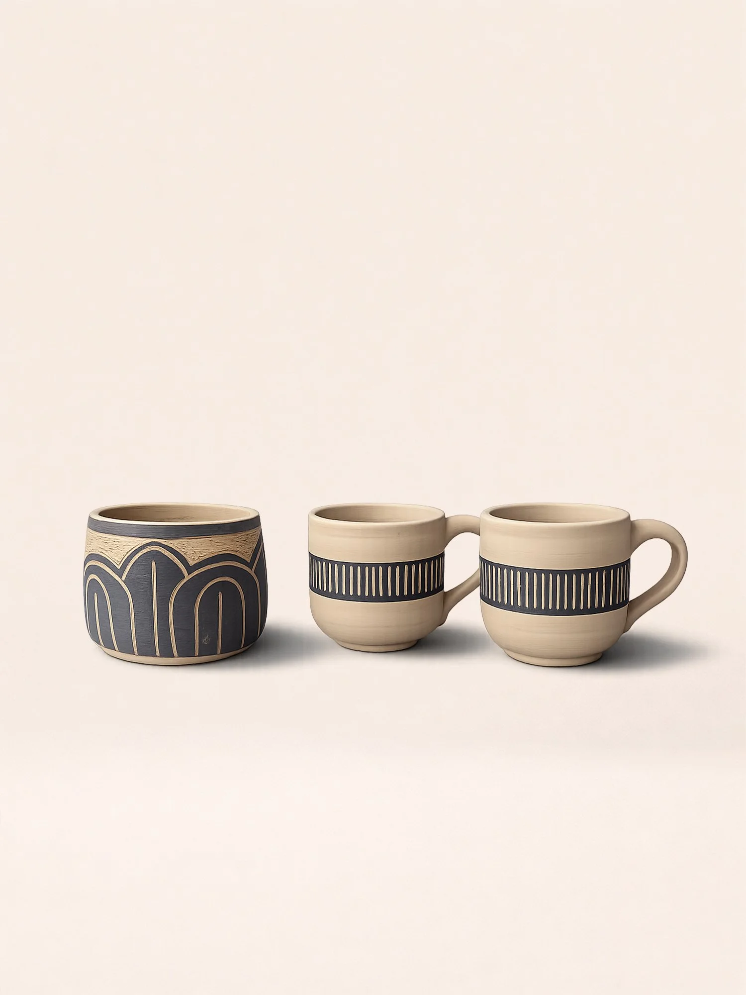 Three ceramic cups with black patterned designs on a plain beige background.
