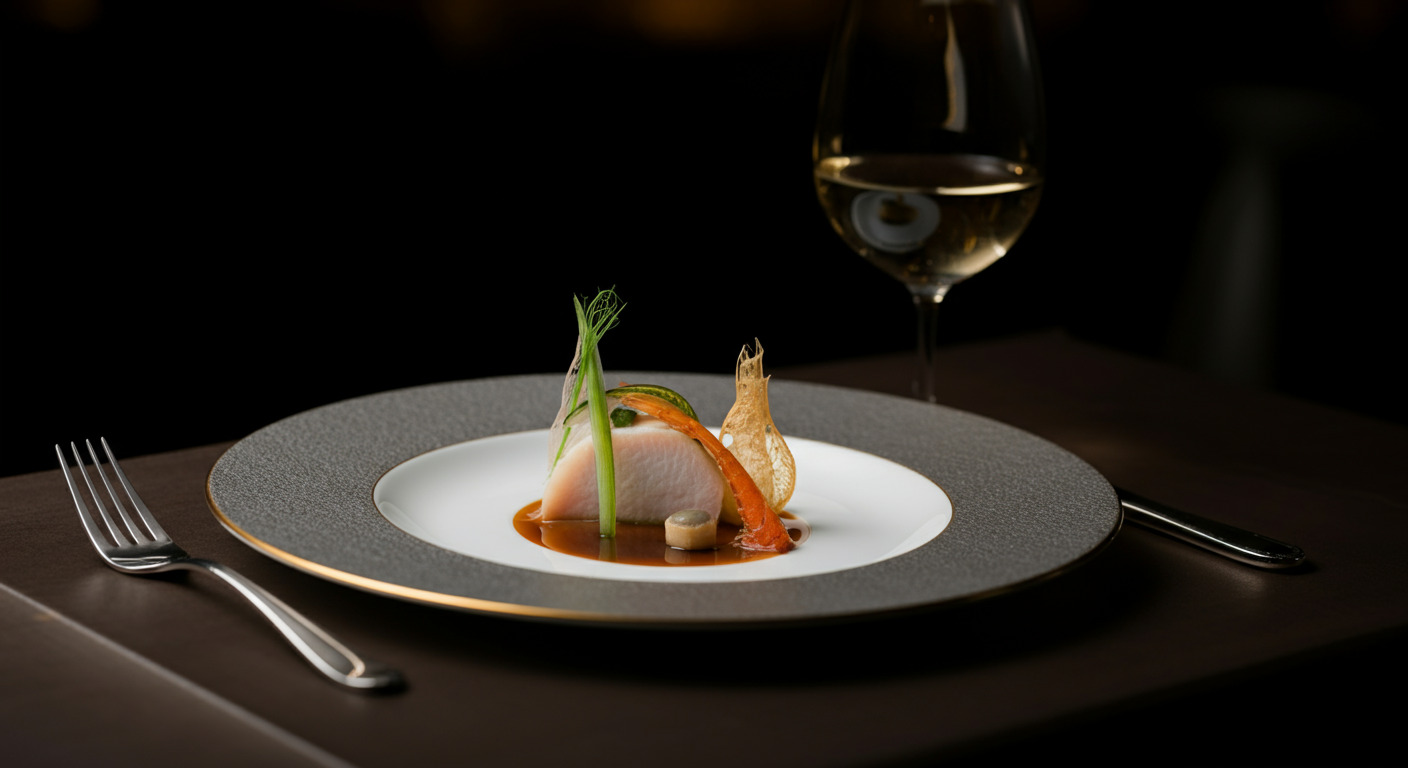 Elegant dish featuring a piece of fish with green garnish, red sauce, and crispy vegetables, with a glass of white wine on a dark table.