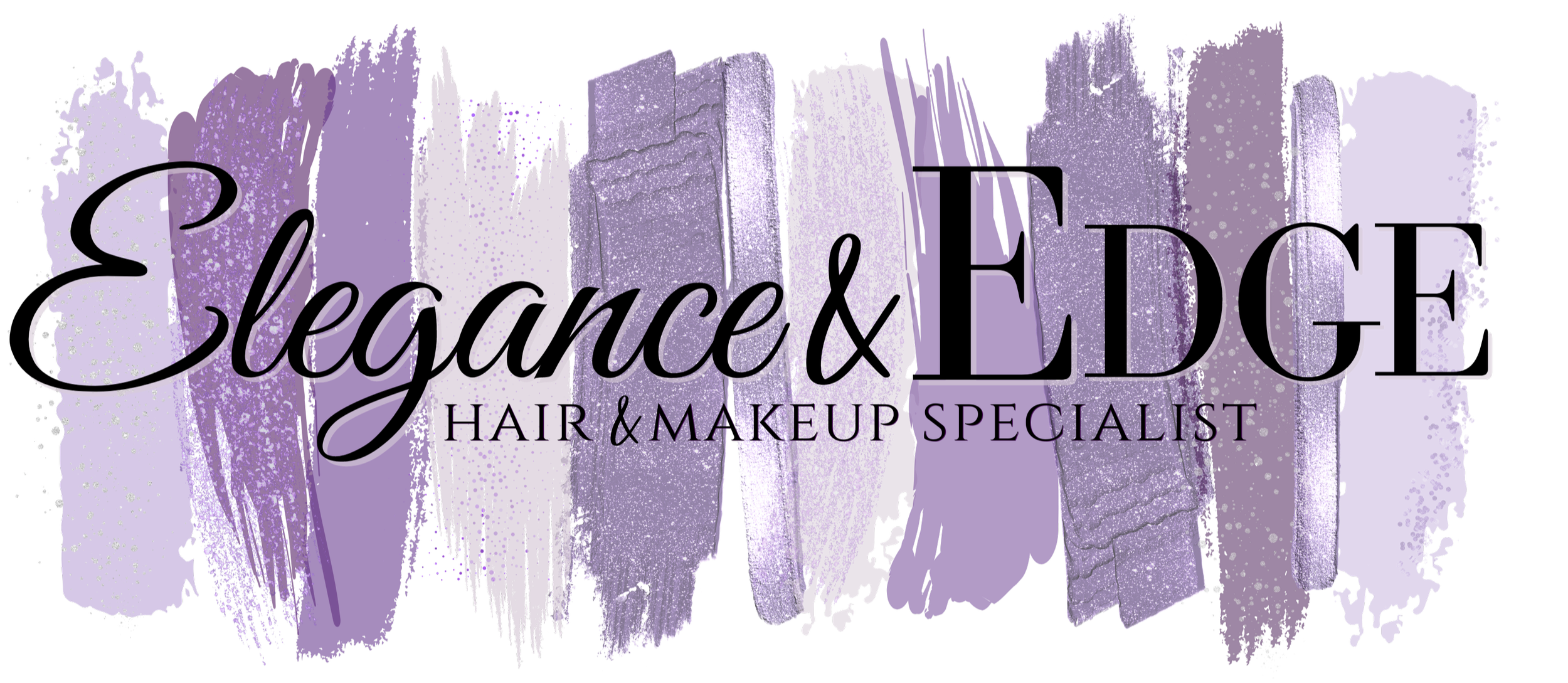 Logo for Elegance & Edge Hair & Makeup Specialist with purple paint strokes and black cursive text.