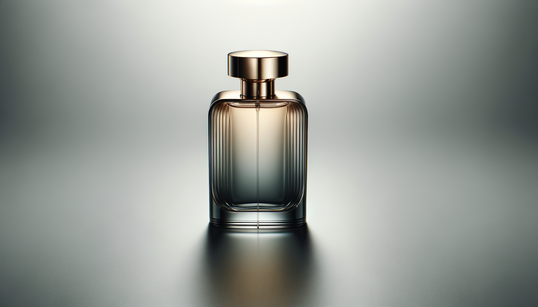 A sleek, modern perfume bottle with a metallic cap and ridged glass design, illuminated from behind against a neutral background.