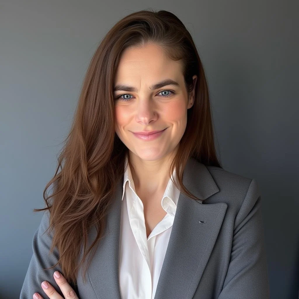 A professional woman with long brown hair, blue eyes, and a smile, wearing a gray blazer and white collared shirt, standing against a gray background.