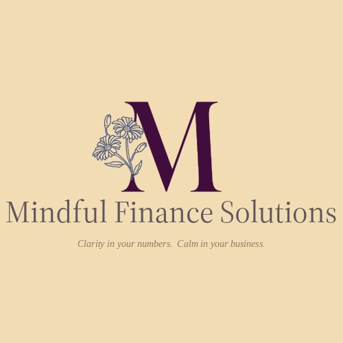 Logo for Mindful Finance Solutions featuring a large purple letter M, a floral design, and the company name with the tagline 'Clarity in your numbers. Calm in your business.'