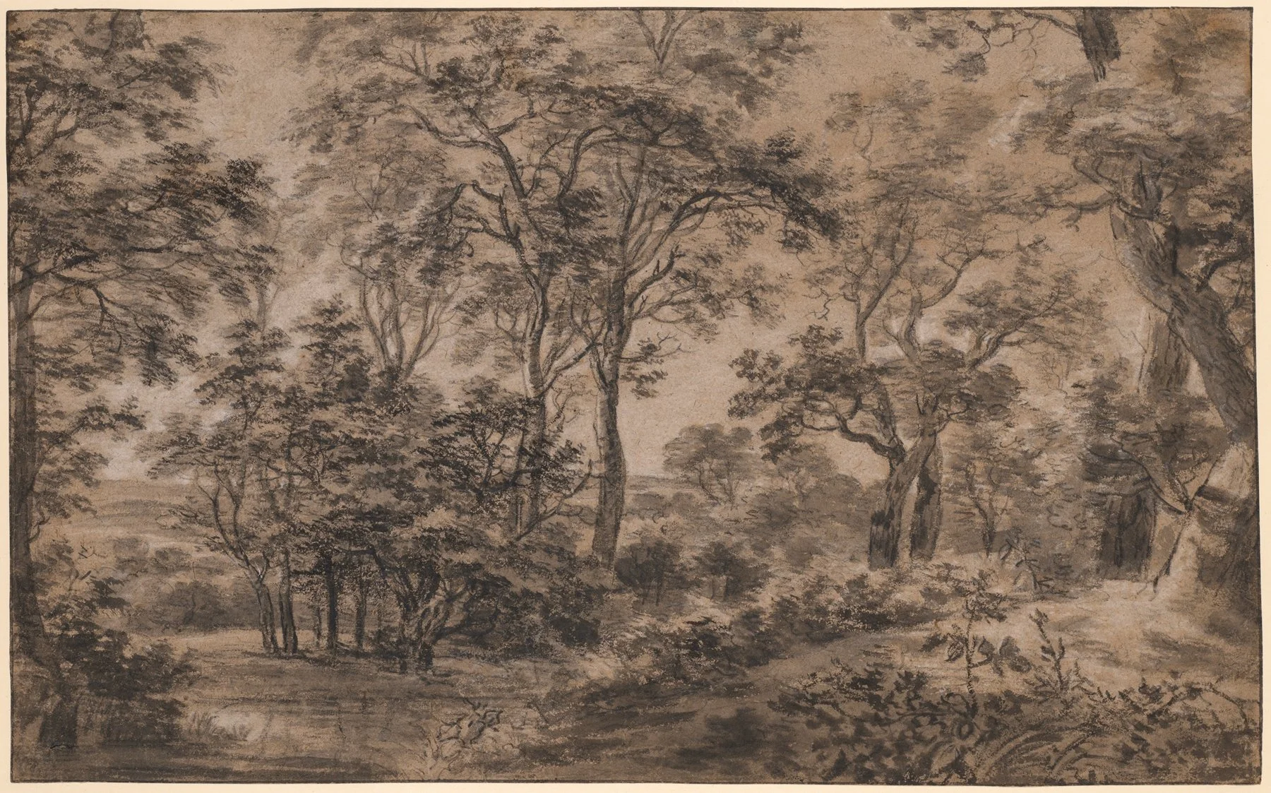 A monochromatic painting of a forest scene with tall trees, dense foliage, and a grassy foreground, rendered in shades of black and gray.