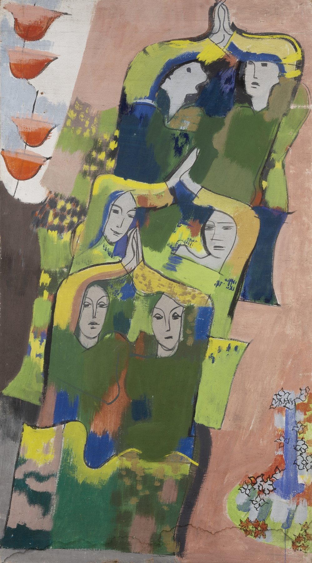 A colorful abstract painting featuring multiple female faces with long hair, isolated on rectangular shapes of green, yellow, and blue. The background is a mix of warm pinks and browns, with some floral and decorative elements on the sides.