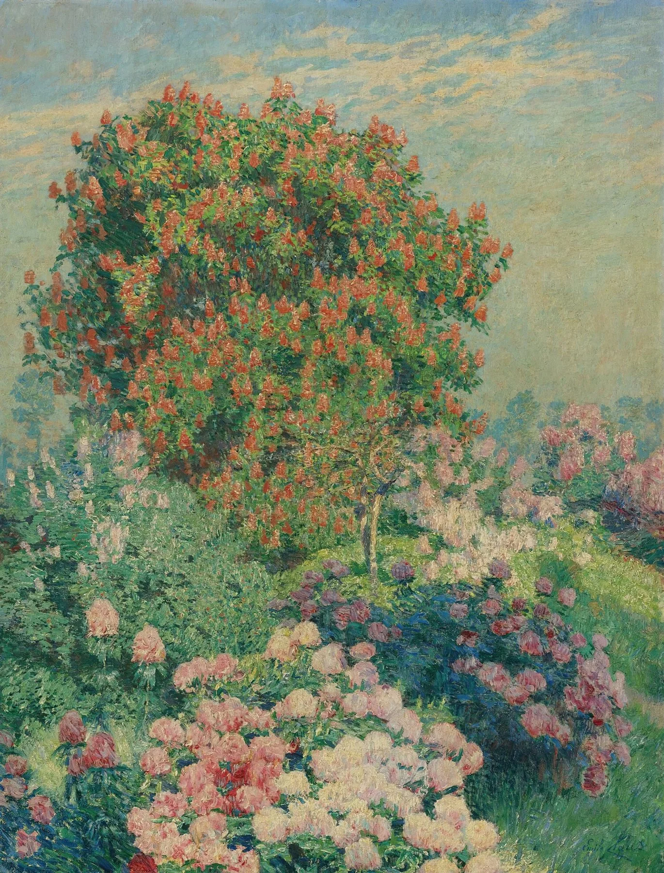 A vibrant landscape painting of a garden scene with a large flowering bush with red flowers, surrounded by pink and white hydrangeas, under a blue sky with streaks of white clouds.