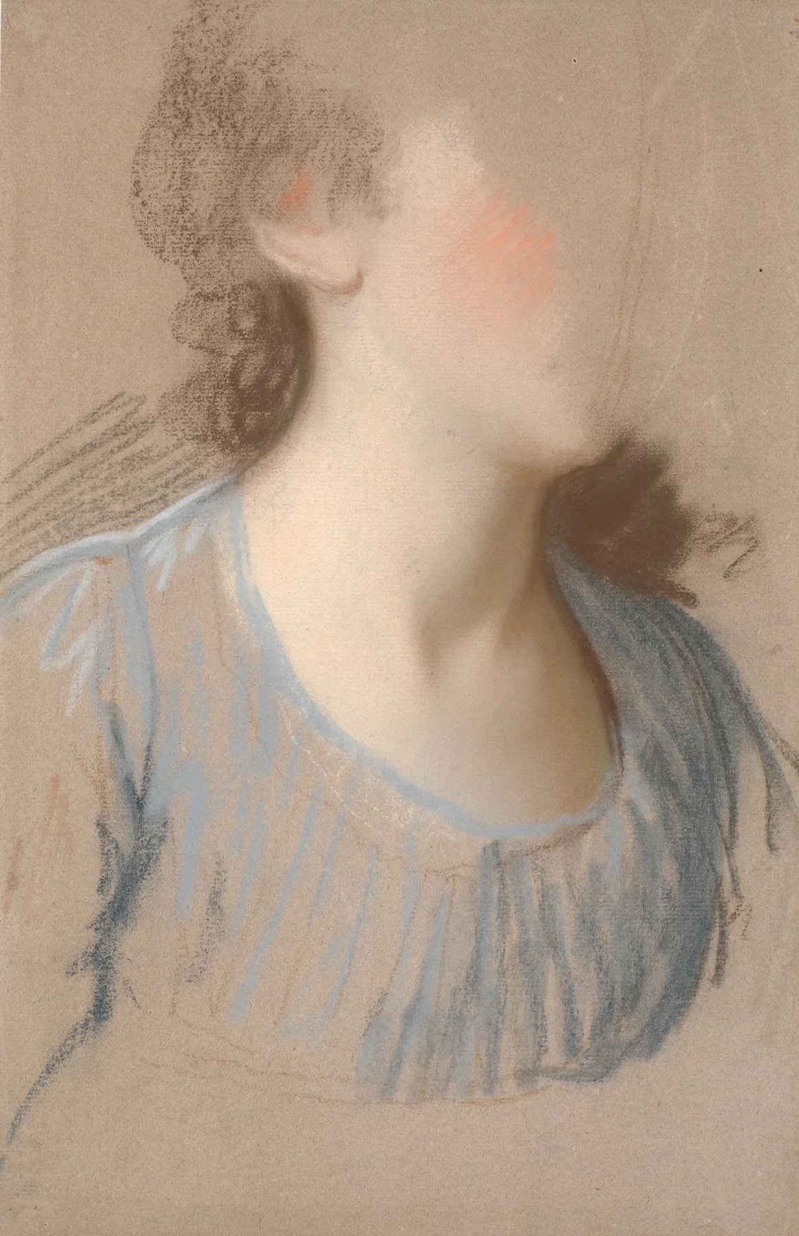 Soft pastel drawing of a woman in profile, with brown hair styled in a loose bun, wearing a light blue striped top.