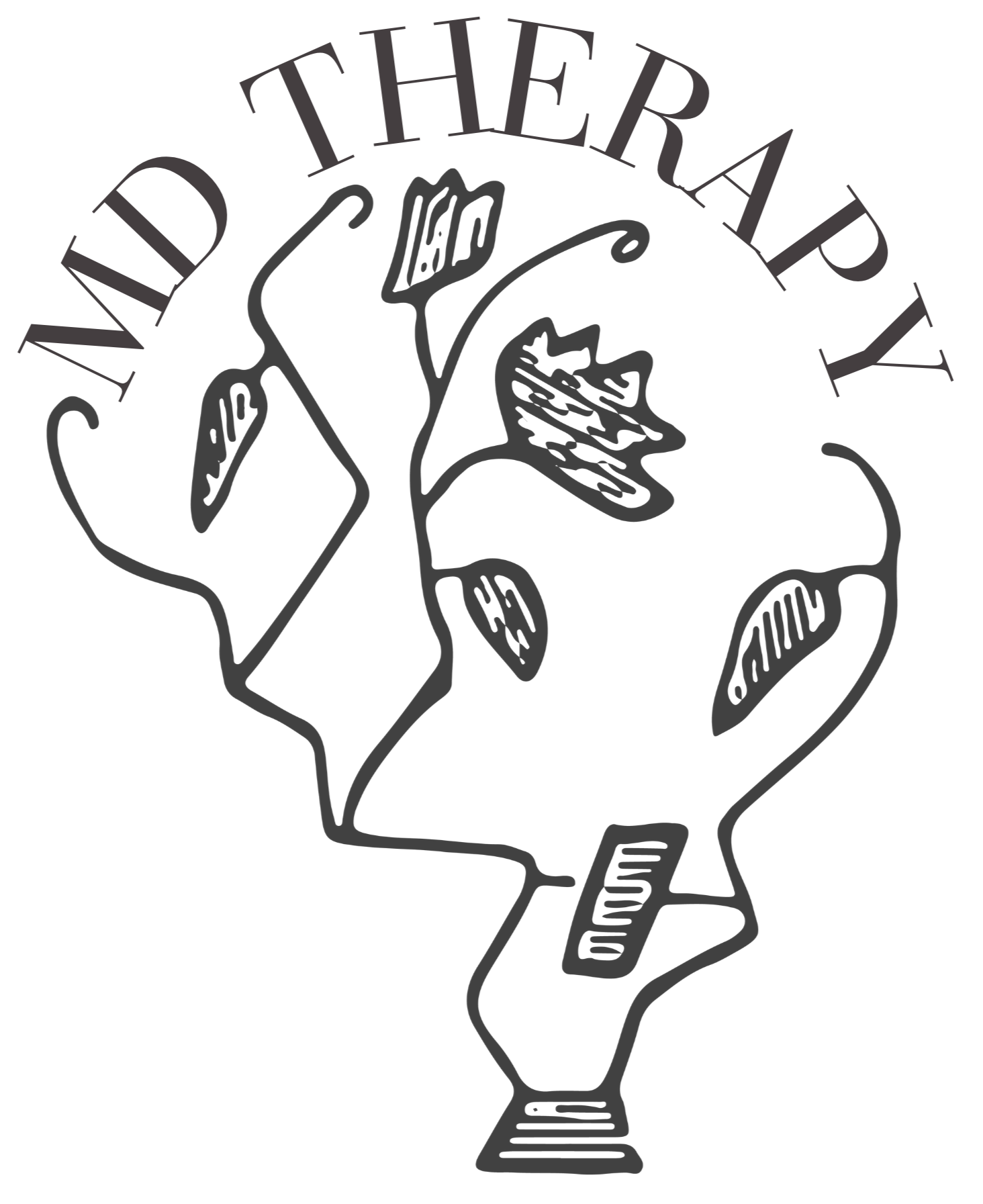 Black and white logo for Mind Therapy, with text "Mind Therapy" in a curved layout at the top and a silhouette of a human head with a brain design inside.
