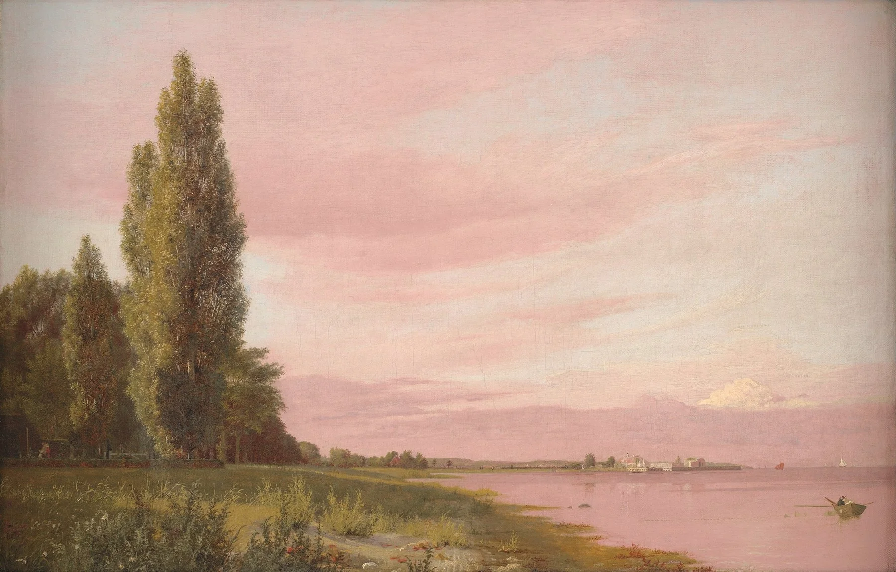 A serene landscape painting of a river at sunset with pink and purple clouds in the sky. Tall trees are on the left, and a small boat with a person fishing is on the right in the river. In the distance, there are buildings and sailboats on the water.