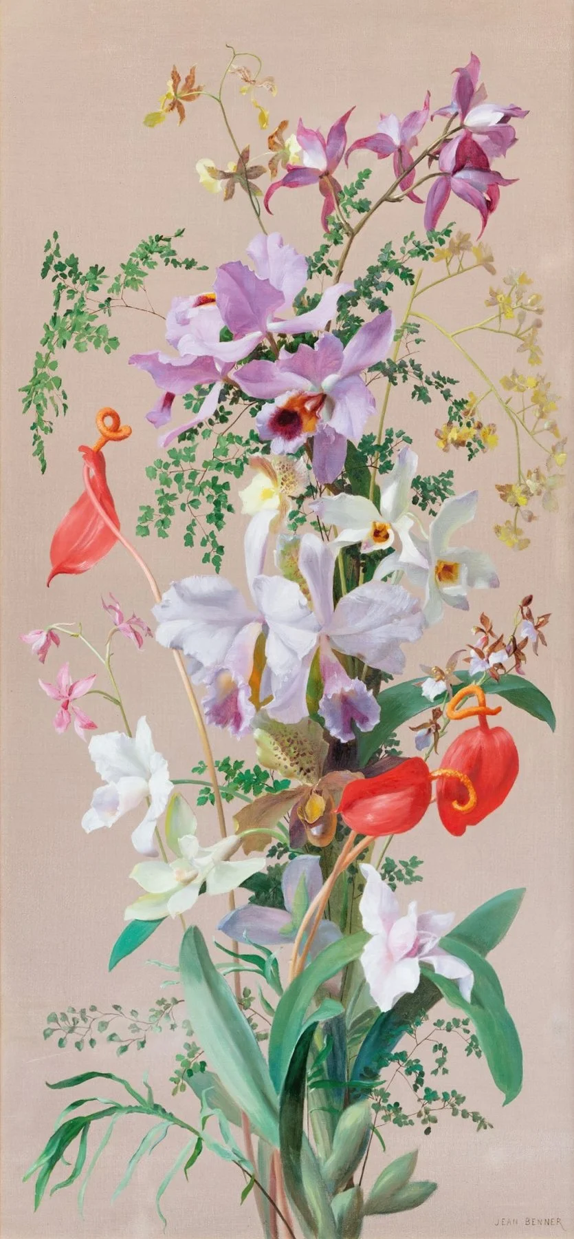 A tall floral arrangement with pink, white, and purple flowers, including orchids and lilies, with green leaves and foliage against a beige background.