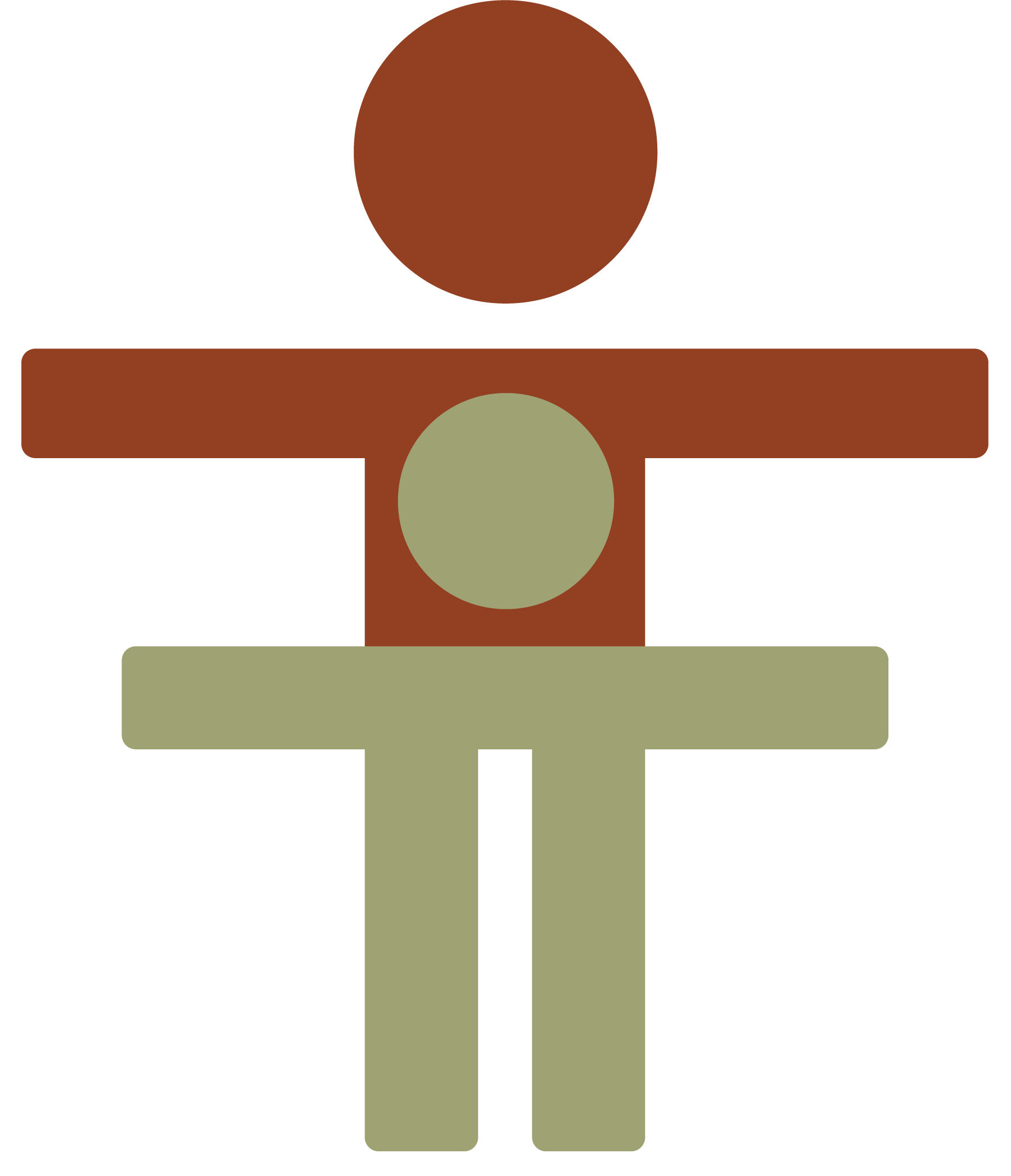 Abstract representation of a person in a color block art style with a large brown circle for the head, a brown horizontal bar for the arms, a gray circle for the chest, and gray vertical bars for the legs.