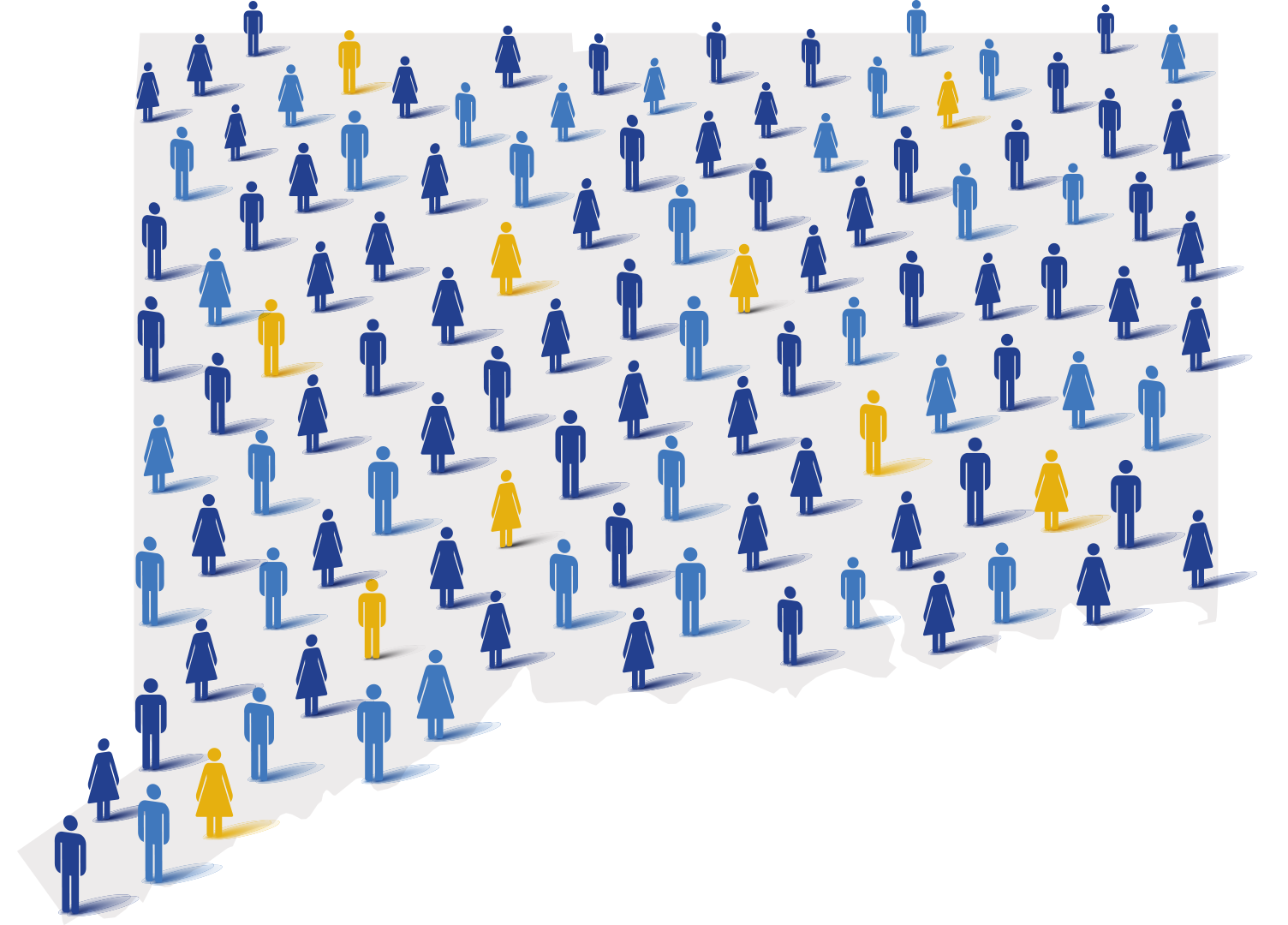 Illustration depicting diverse individuals in various shades of blue and yellow standing on a textured, dark background, with shadows cast beneath them.