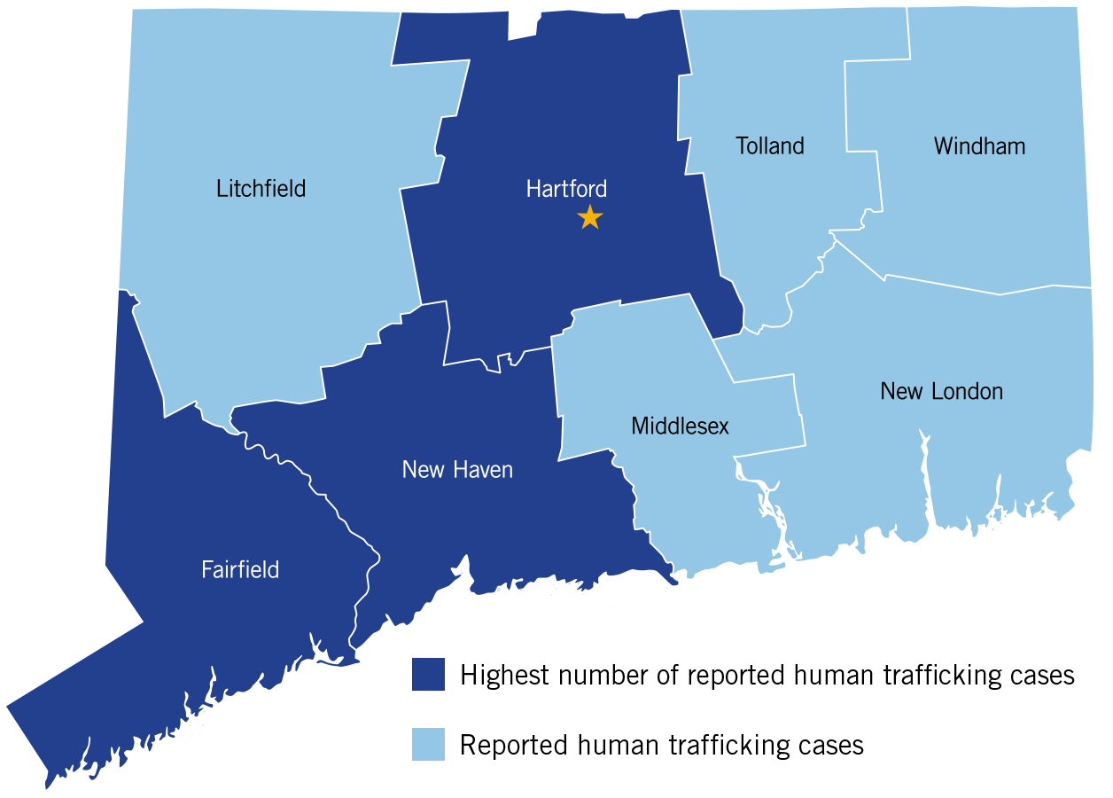 Connecticut Counties with Human Trafficking - map image