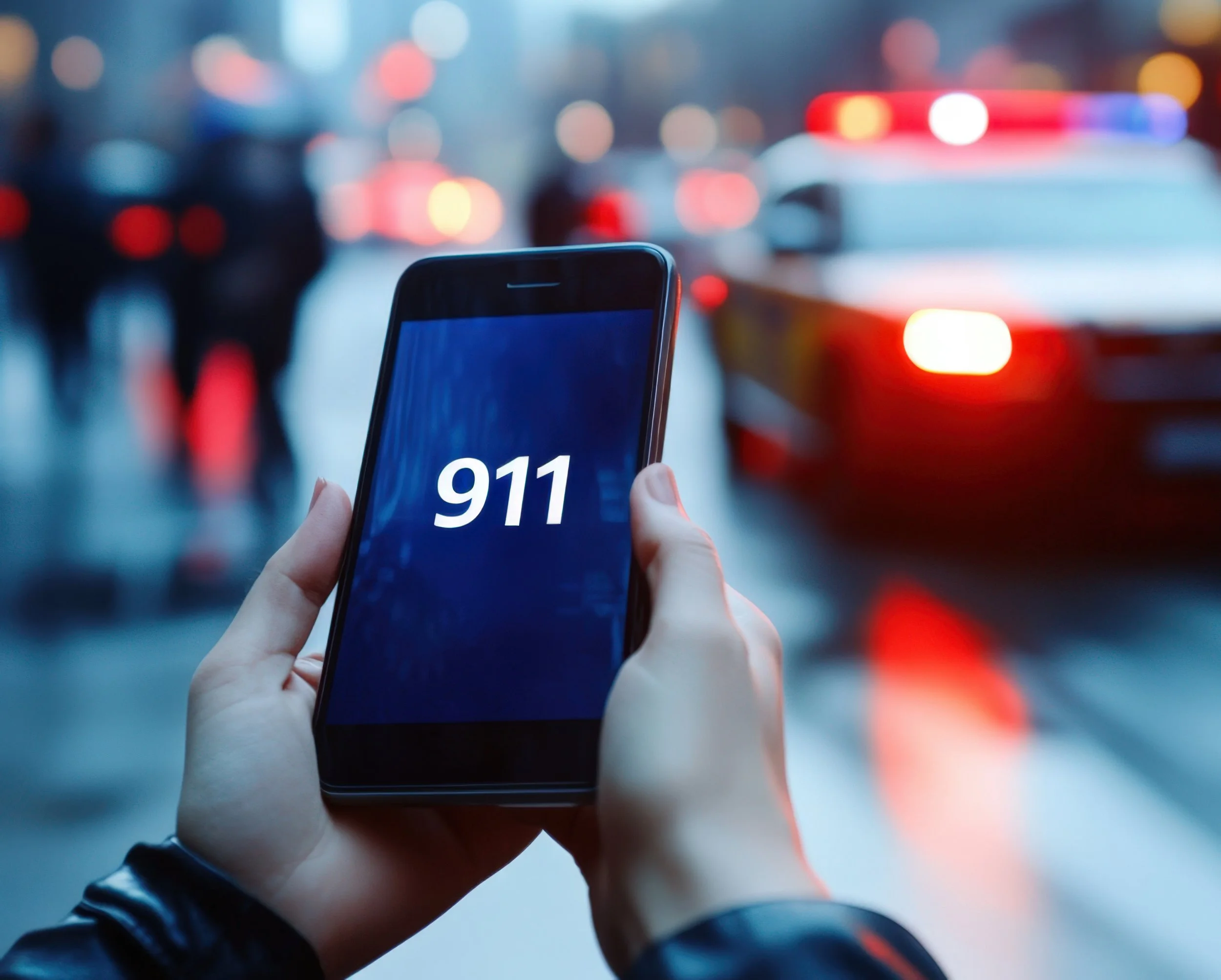Person holding a smartphone with '911' on the screen, in front of a blurred city street scene with police cars and pedestrians.