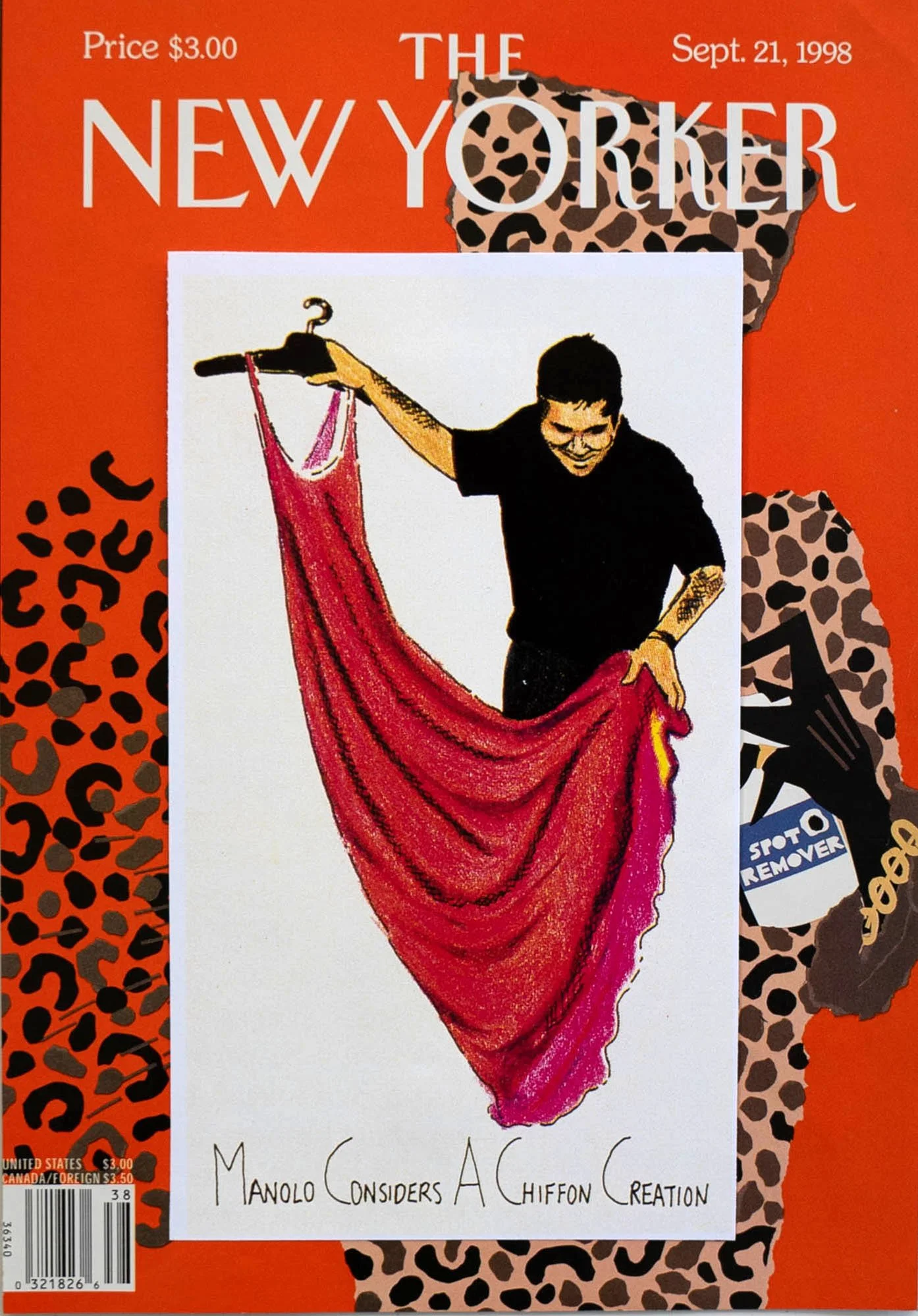 Cover of The New Yorker magazine dated September 21, 1998, priced at $3.00. The cover features an illustration of a man holding up a red chiffon dress on a hanger, with the man smiling and looking at the dress. The background has a mix of orange and leopard print patterns, with various elements like a spot remover spray can and gold chains. The headline reads, "Manolo Considers A Chiffon Creation."