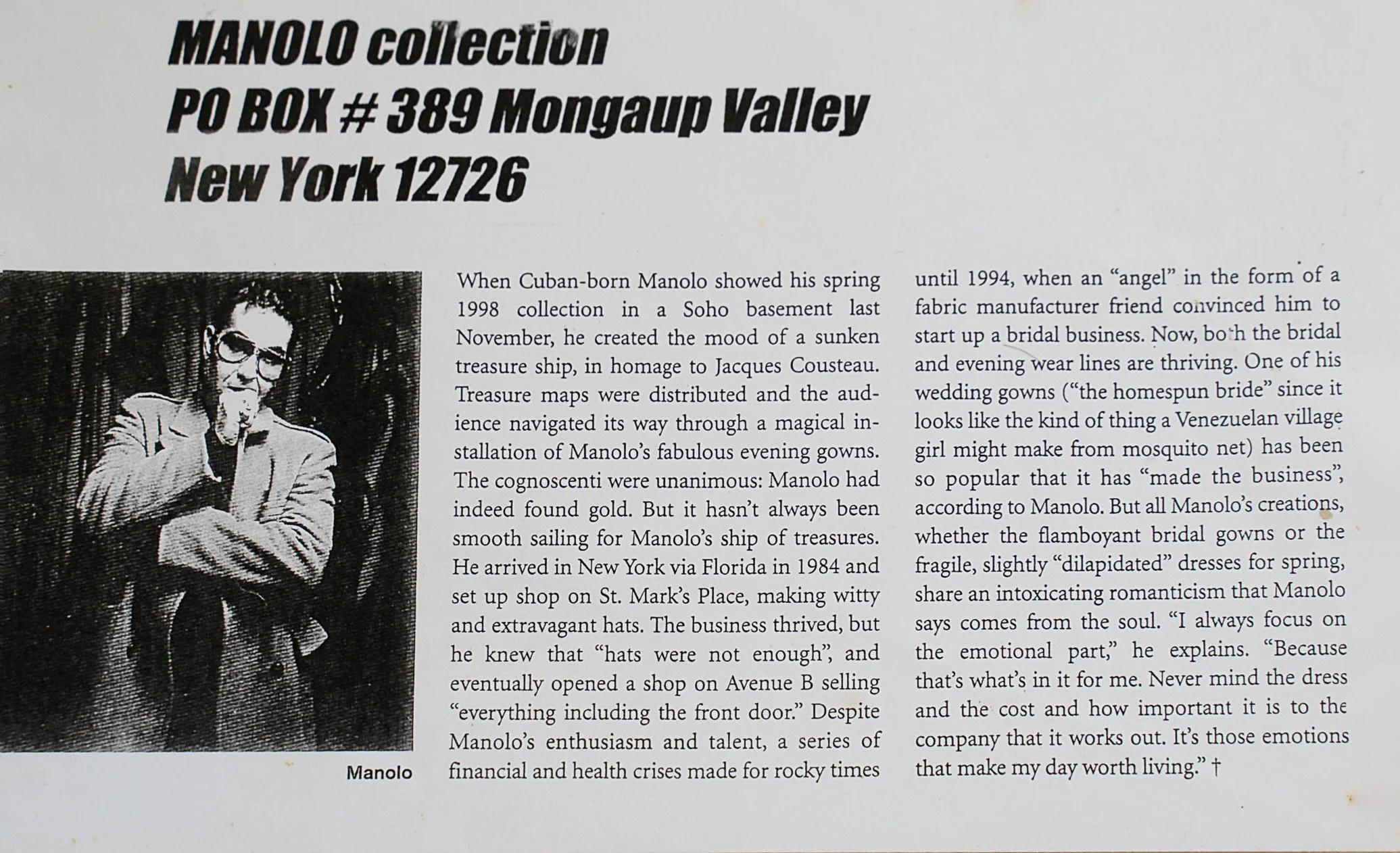 Black and white photograph of Manolo, a man wearing sunglasses and a suit, standing with crossed arms and holding a cigar. The photo is part of a magazine or article page with text discussing Manolo's history and fashion design career, and an address