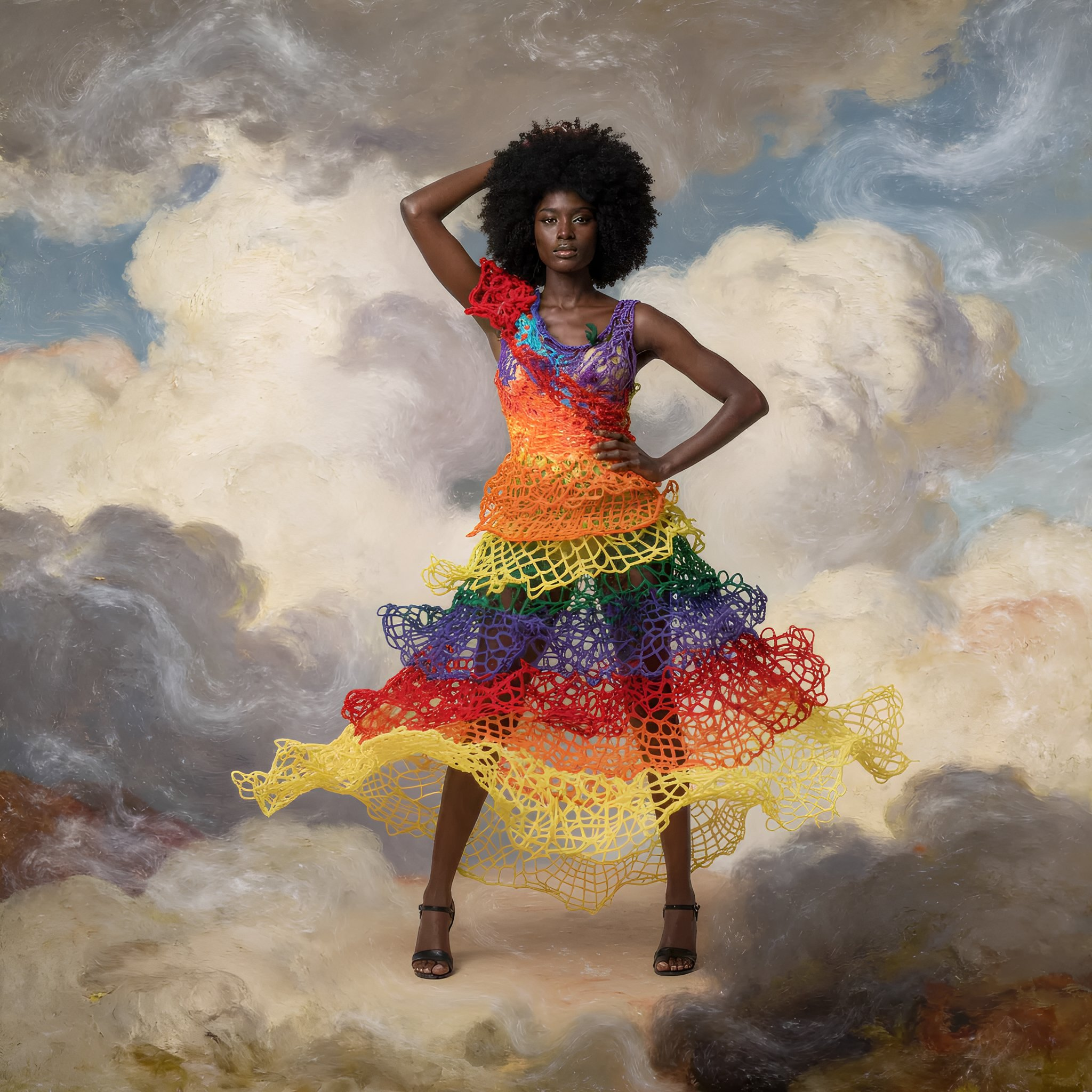 A woman with dark skin and natural afro hair, wearing a colorful, layered, crochet dress in rainbow colors, standing in front of a painted backdrop of clouds and sky.