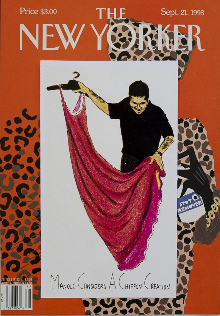 Cover of The New Yorker magazine dated September 21, 1998, priced at $3.00, featuring a humorous illustration of a man holding a bright pink chiffon dress, with the caption 'Manolo Considers A Chiffon Creation'.
