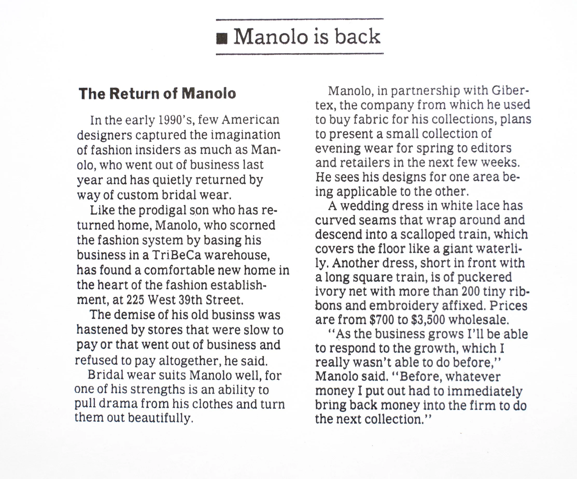 Page with article titled 'Manolo is back' and 'The Return of Manolo' discussing fashion designer Manolo, his career, and recent collection.