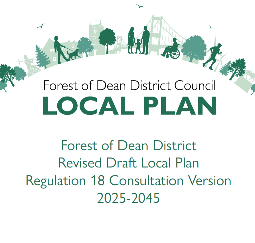 Cover page of a local plan document for the Forest of Dean District, featuring silhouettes of people, trees, and a bridge in a green color scheme.