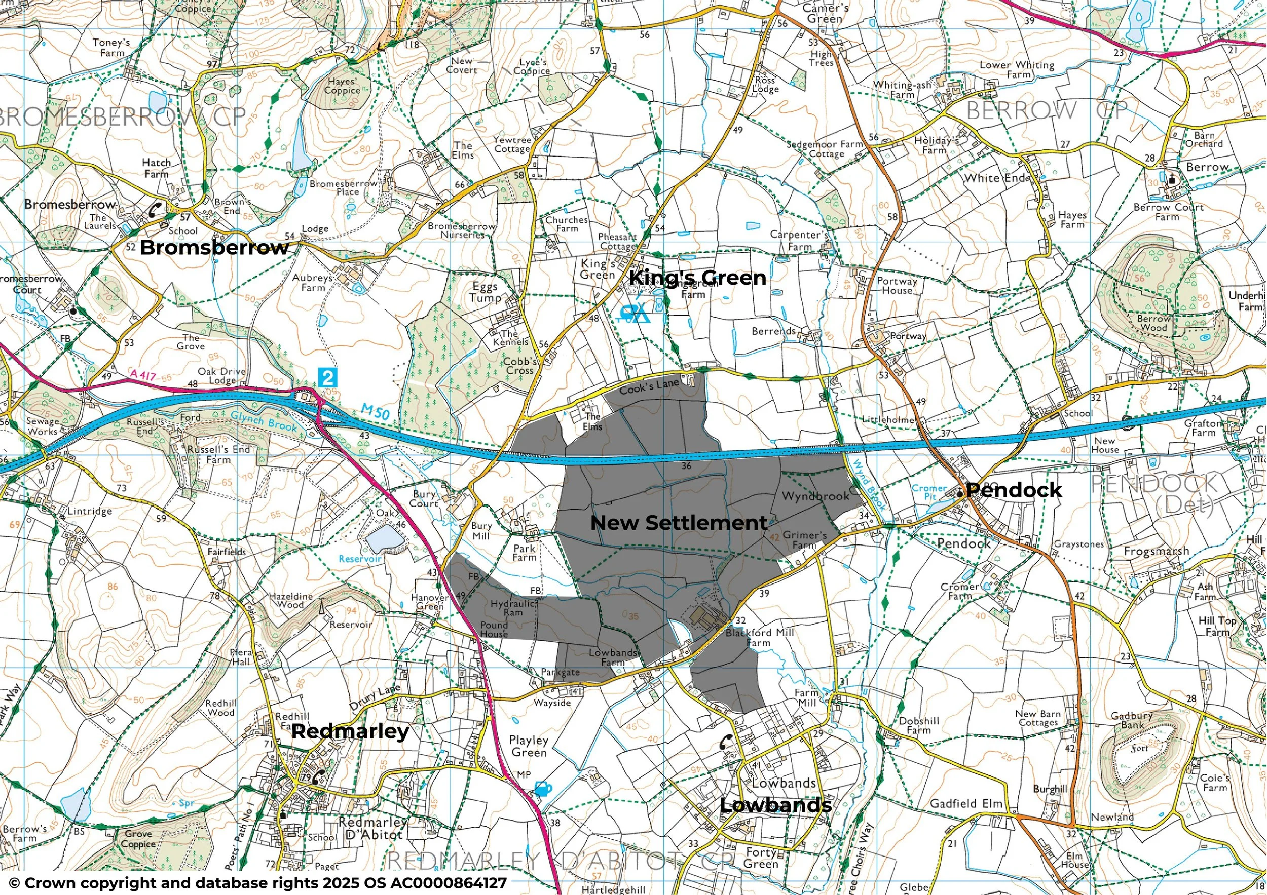 Topographic map showing the area between Bromsberrow and Lowbands in England, with highlighted regions for New Settlement and surrounding locations, including roads, farms, and water features.
