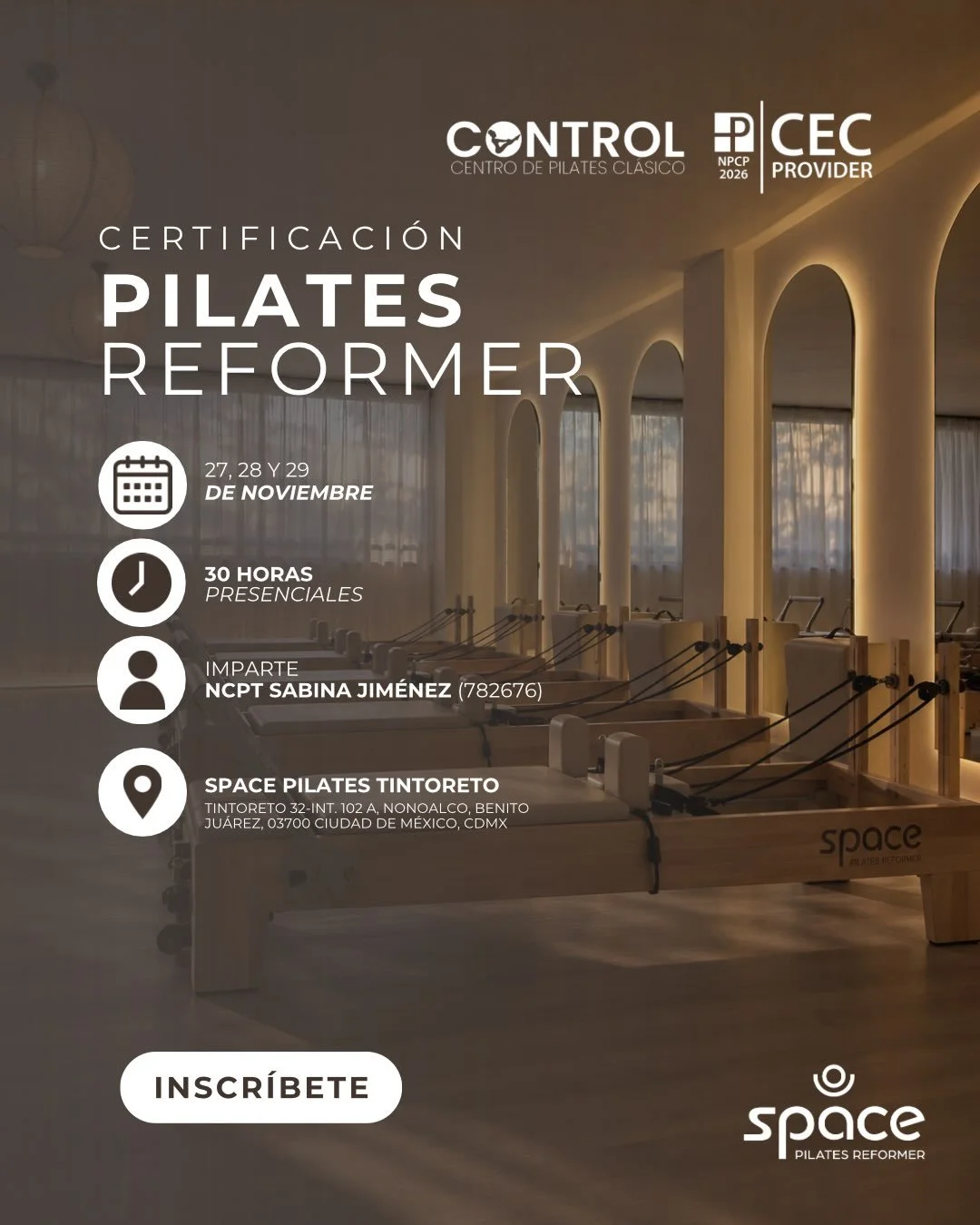 ✨ Convierte tu pasi&oacute;n por Pilates en una formaci&oacute;n profesional.

Lleva tu pr&aacute;ctica al siguiente nivel con nuestra Certificaci&oacute;n Pilates Reformer, una formaci&oacute;n presencial de 30 horas dise&ntilde;ada para darte las b