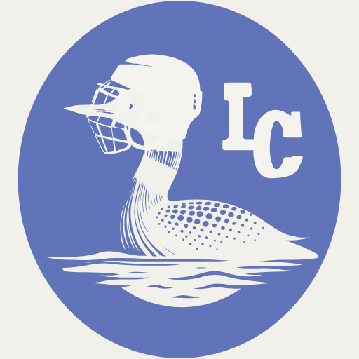 An emblem featuring a goose wearing a hockey helmet with a cage, water below, and the letters 'LC' to the right, in a blue circular background.
