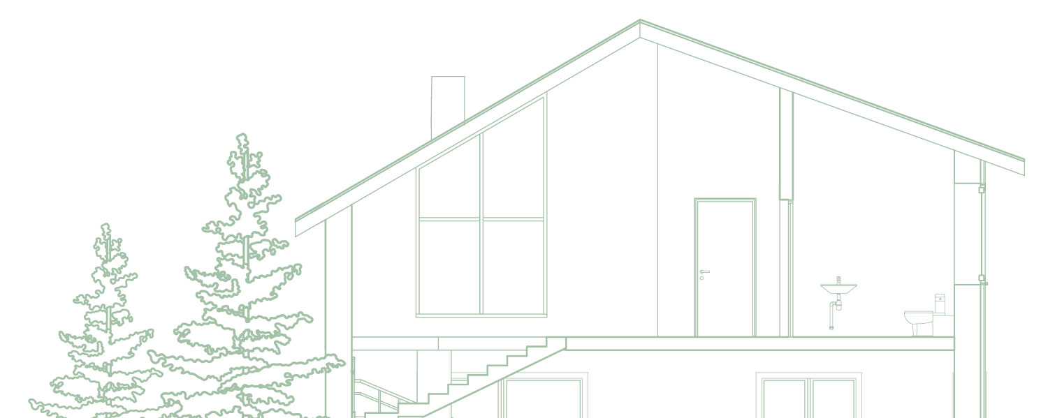 Line drawing of a modern house with a sloped roof, large windows, and a lawn with pine trees. The house has multiple levels and visible bathroom fixtures inside.