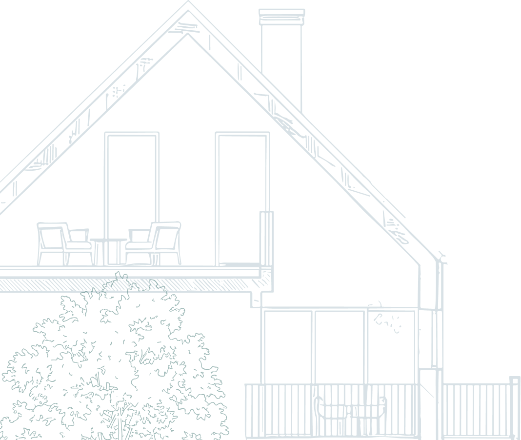 A blue architectural line drawing of a house cross-section, showing an upper floor with a seating area and a lower enclosed porch with a hammock and a tree outside.