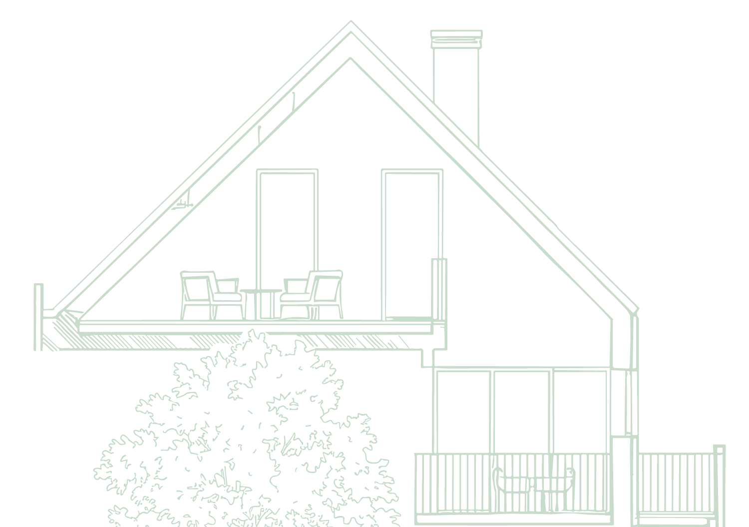 Line drawing of a house with a steep roof, a deck with chairs and a table, a large tree in front, and a chimney, on a black background.