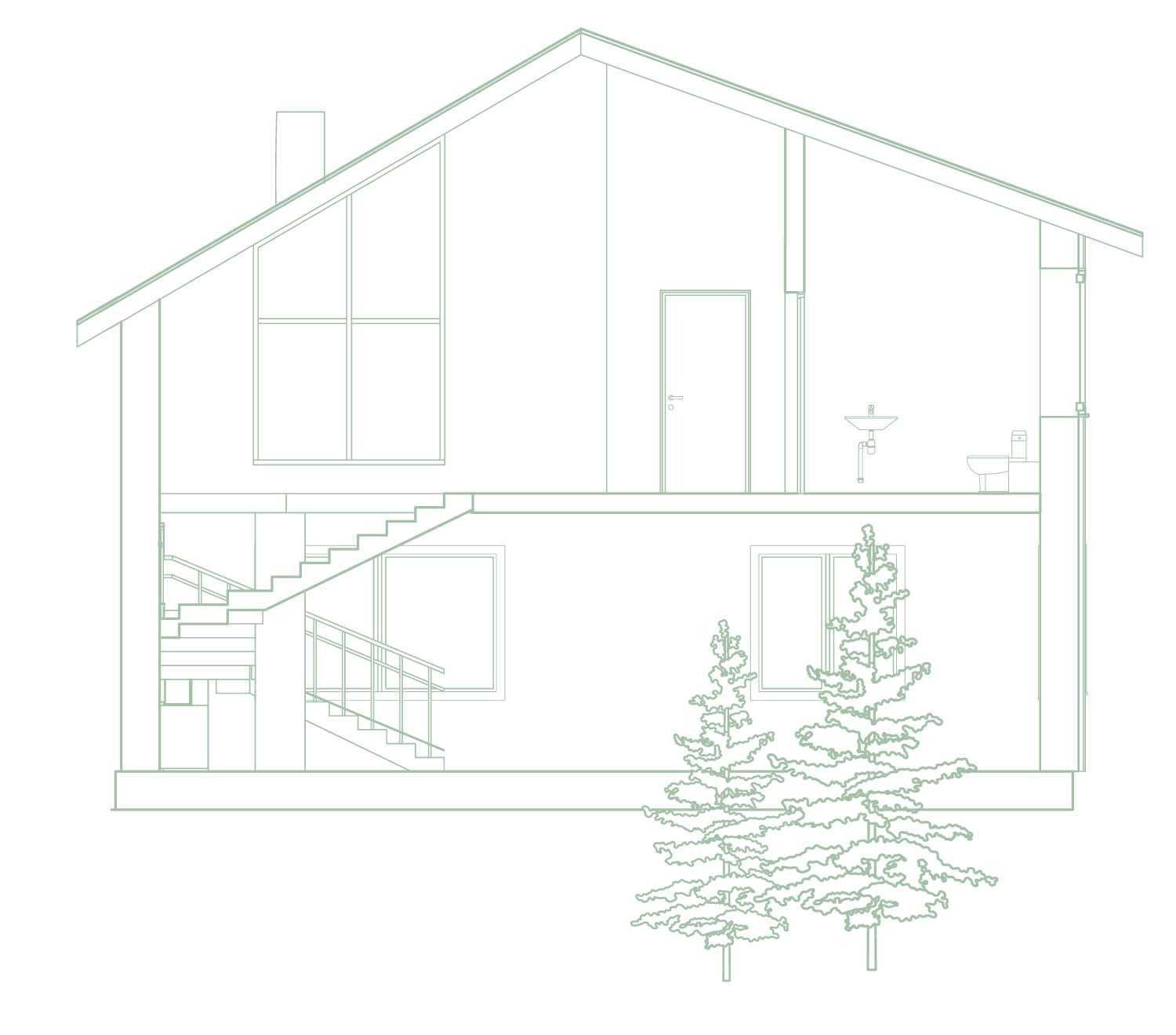 A technical drawing of a cross-section of a two-story house with a sloped roof, staircase, large windows, and outdoor trees.