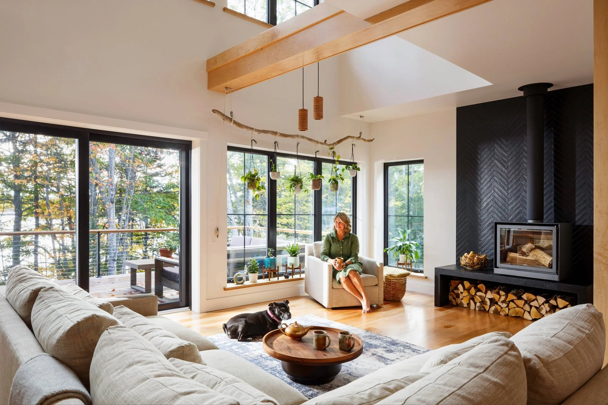 A woman sits on a chair in a modern living room with large windows, indoor plants, a wood-burning stove, and a dog lying on a rug.