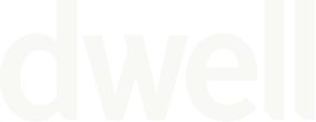Close-up of the word "dwell" in large white letters on a dark background.