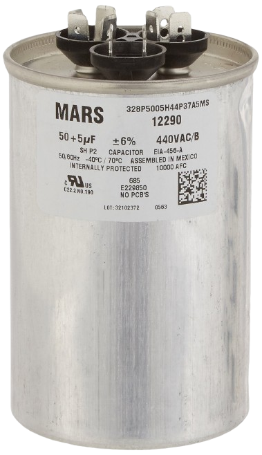 An aluminum capacitor with electrical specifications and branding, labeled 'MARS', featuring a black top with three terminals.