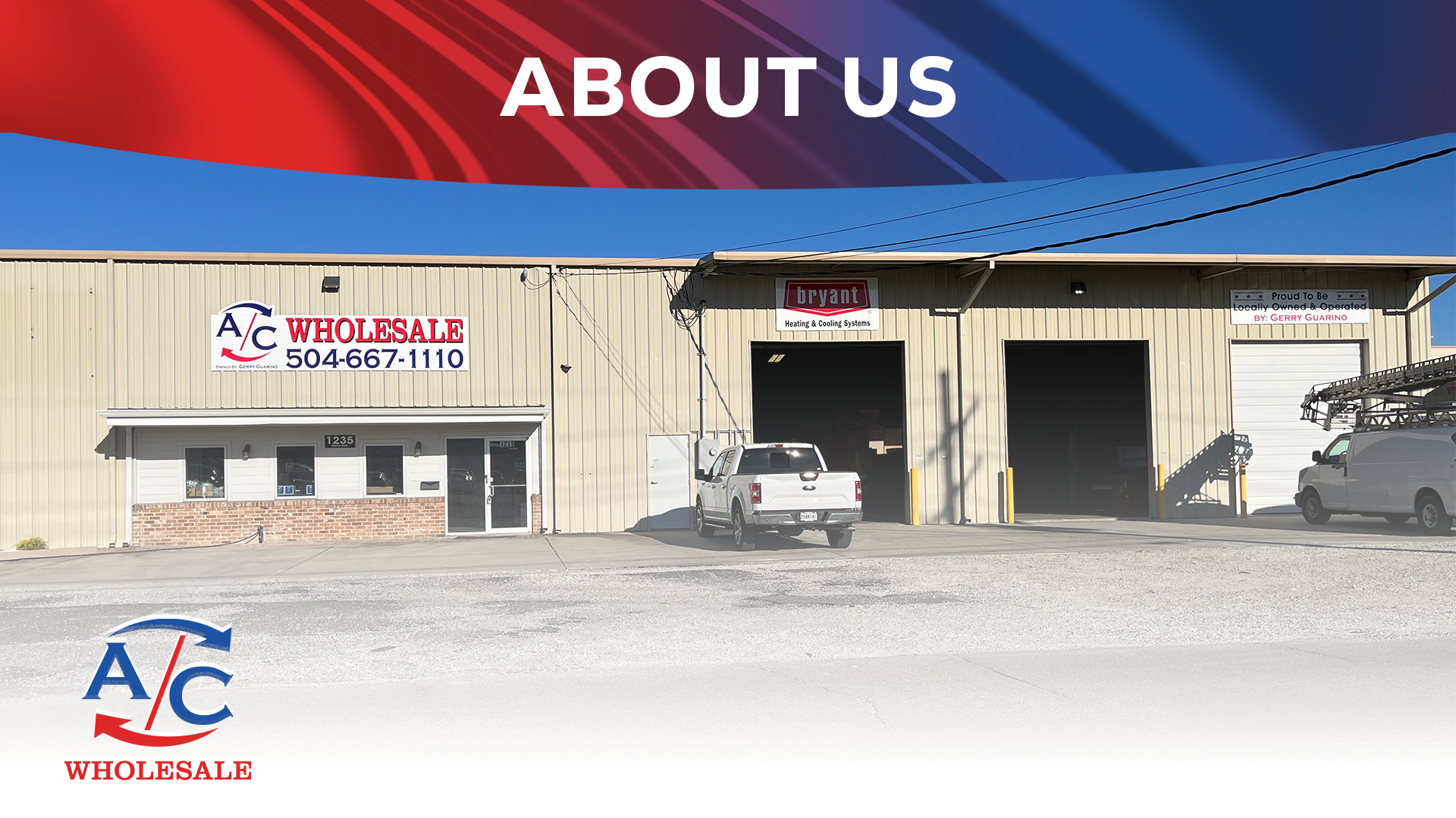 Exterior view of a wholesale heating and cooling systems business with signage, a white truck parked outside, a roller door, and a white van with equipment inside, under a clear blue sky.