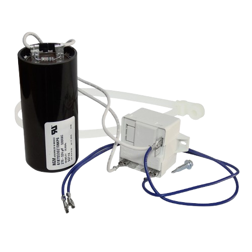 Close-up of an electrical capacitor connected to a white relay switch and wiring.