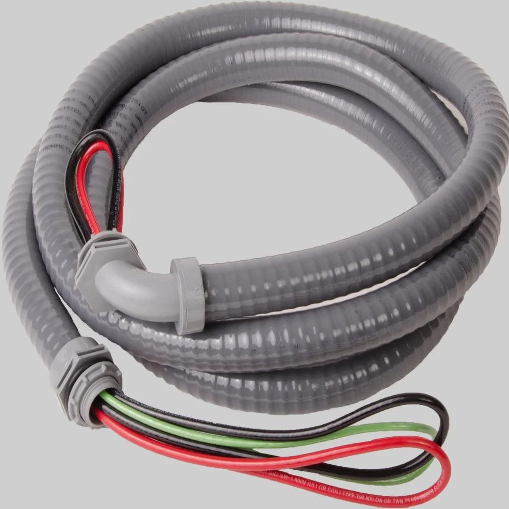 Coiled flexible electrical conduit with insulated wires in red, green, and black inside.