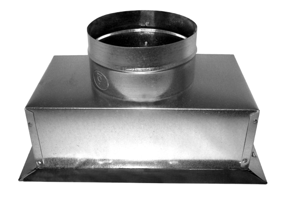 Metal HVAC exhaust fan with circular duct opening on top and rectangular casing.