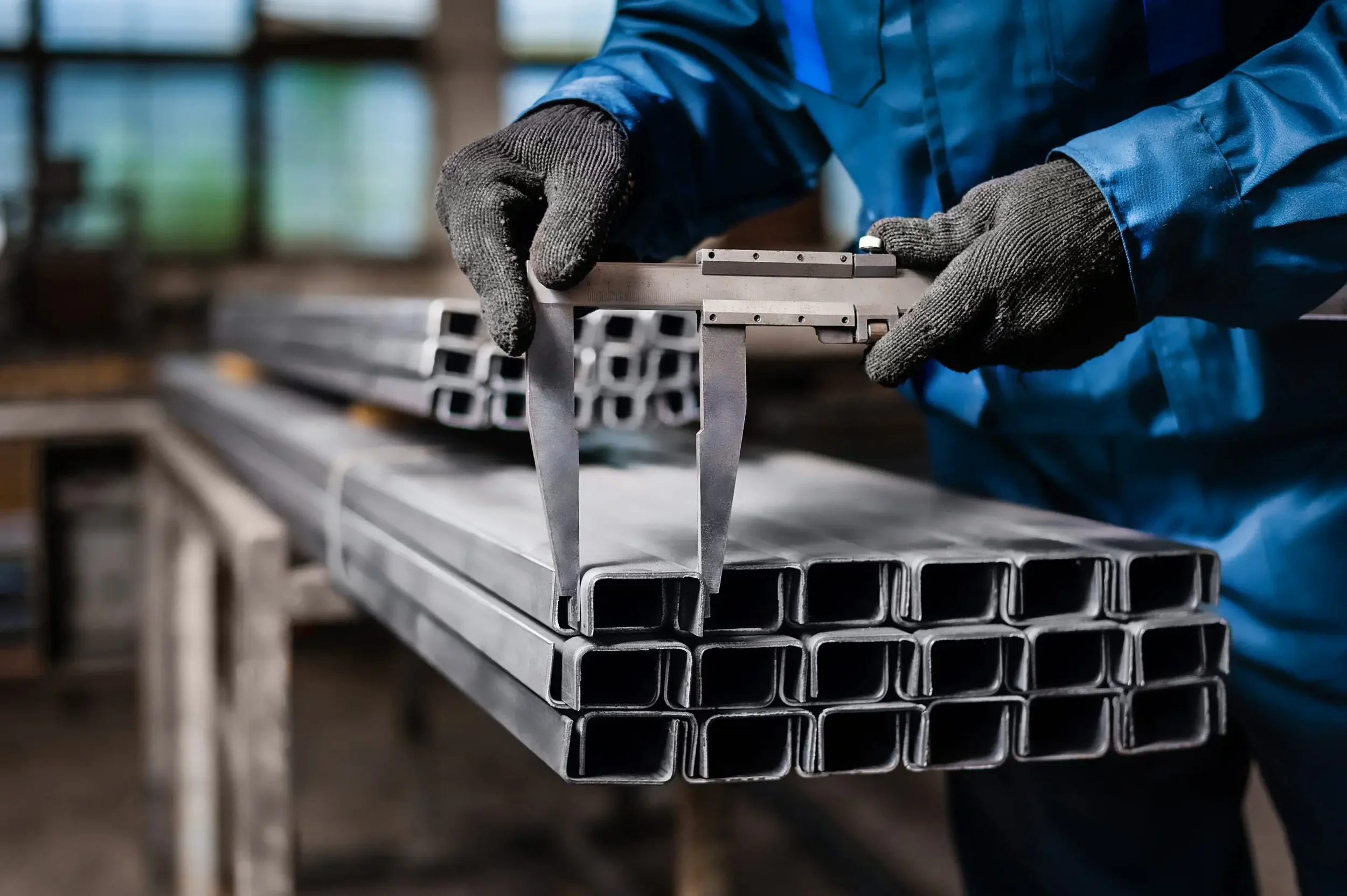 A worker in gloves measures rectangular metal tubes with a caliper in a workshop.