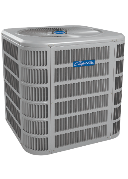 Gray Comfort Aire central air conditioning unit with vents and blue logo.