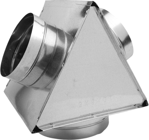 A metallic duct vent with an angular, box-like structure and a round opening, likely used for ventilation or exhaust in HVAC systems.