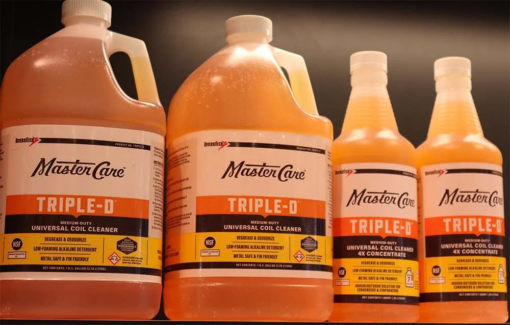 Four bottles of MasterCare Triple-D universal coil cleaner, varying in size and concentration.