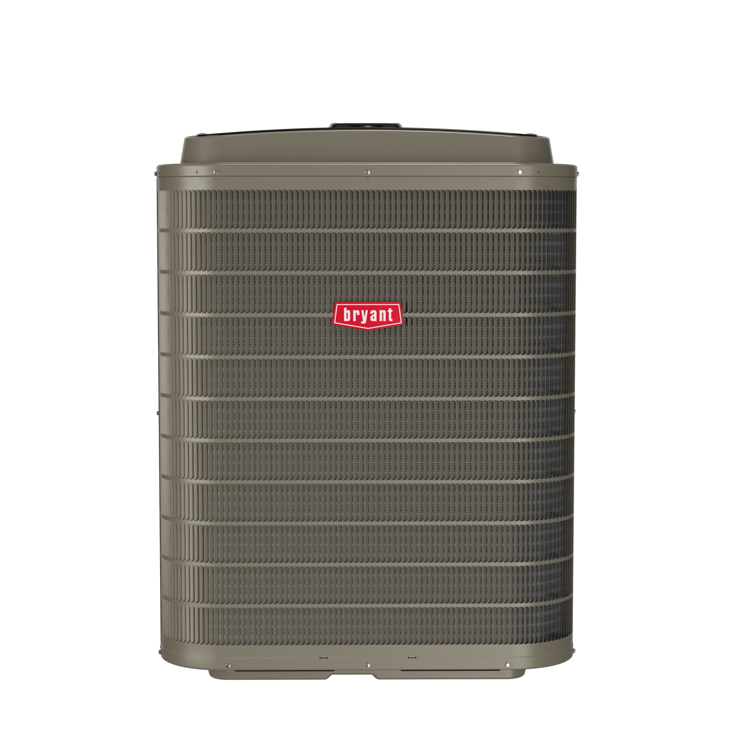 A Bryant brand air conditioning unit with a beige exterior and a red Bryant logo in the center, isolated against a black background.
